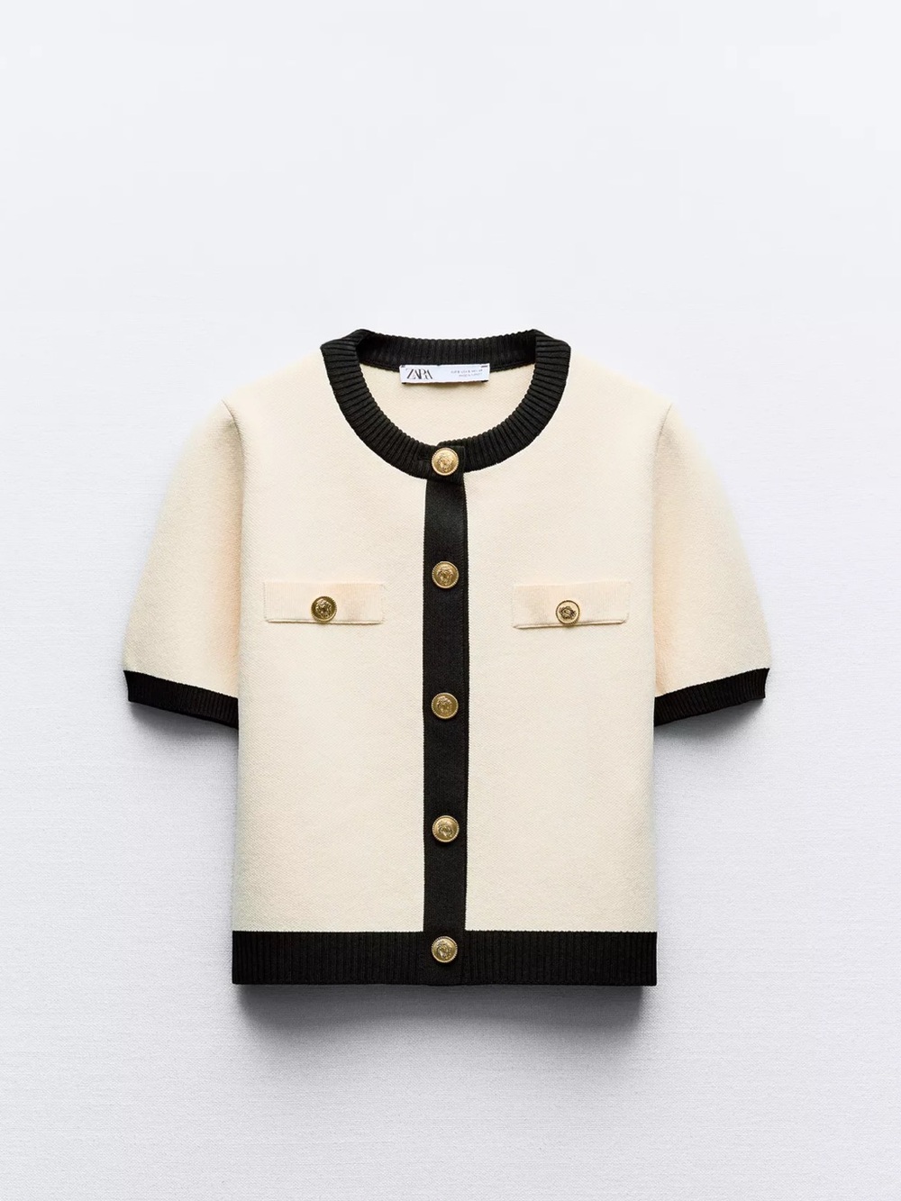 Short-Sleeve Knit Cardigan with Black Trim